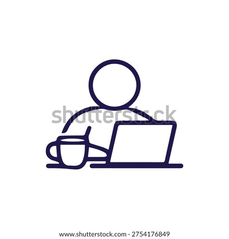 A simple dark blue line icon showing a person with a laptop and coffee. Represents remote work, studying, freelancing, and modern office productivity.