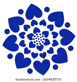Simple Dark Blue Modern Concentric Floral Petals Design. Circular Concentric Hearts Arrangement. Cute Valentine's Day Vector. Asian, Bohemian, Arabic Embroidery Template. Isolated Decorative Element. 