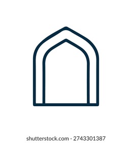 A simple, dark blue outline icon of an Islamic arch or window. This minimalist vector graphic is ideal for web design, apps, and cultural projects.