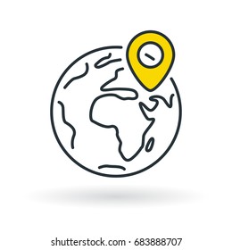 Simple dark blue planet icon with yellow gps location pin sign. Earth sign. World symbol. Thin line icon on white background. Vector illustration.