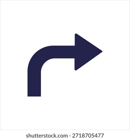 Un símbolo o icono de flecha de giro a la derecha azul oscuro simple, curvado en un ángulo de 90 grados, establecido sobre un fondo blanco puro. Ideal para la navegación, señales de tráfico o Elementos de interfaz que indican una dirección hacia la derecha