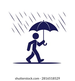 Simple dark blue stick figure person walking with an umbrella protecting from falling rain weather icon