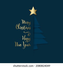 Simple dark blue vector christmas card template with tree made from blue paper stripes, golden star and golden Merry Christmas and happy New Year text