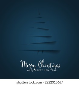 Simple dark blue vector christmas card template with tree made from  paper cut stripes. Simple minimalist dark blue christmas card template made from shadows.
