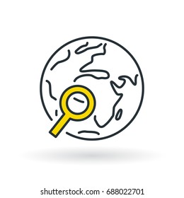Simple dark blue world with yellow magnifying glass icon. Earth search sign. Thin line icon on white background. Vector illustration.