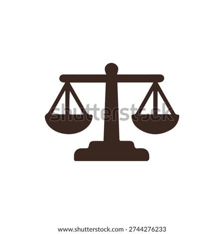 A simple dark brown silhouette icon of balanced scales of justice. This minimalist graphic represents law, fairness, equality, and legal judgment.