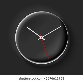 Simple dark creative clock in realistic flat style, with arrow and numbers. Bubble timer on black background. Business watch. Vector design element for you project