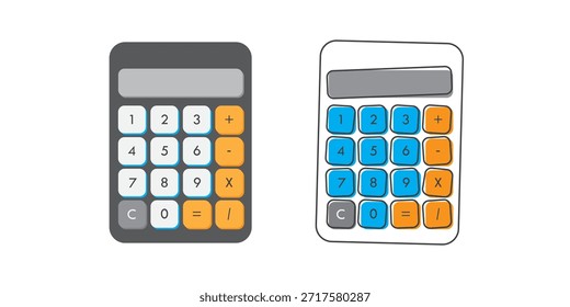 Calculadora cinza escuro simples para uso escolar e de escritório isolado no fundo branco. Dispositivos matemáticos com botões arredondados em estilo de desenho animado de cor plana. Calculadoras simples de finanças Doodle. Adesivo, símbolo, logotipo. Ícone da ferramenta Matemática e Contabilidade. Dispositivo de cálculo eletrônico com teclado para cálculo financeiro, orçamento, negócios, escola. Ilustração vetorial EPS 10.