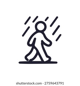 A simple, dark gray doodle icon of a person walking during a downpour. This minimalist illustration is isolated on a white background.
