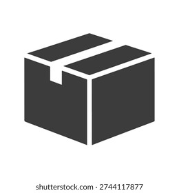 Simple, dark gray icon of a closed cardboard box, representing shipping, delivery, packages, and logistics in a clean, modern style.