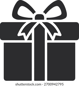 Un icono de silueta gris oscuro simple de una caja de regalo atada con una cinta y un lazo sobre un fondo aislado blanco que representa la celebración y los regalos para