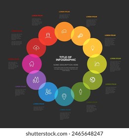 Simple dark infographic with twelve circles with icons in one big cycle on white background and additional description items. Multipurpose full year infographic template