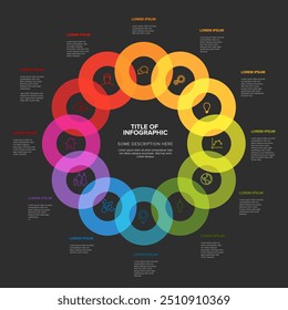 Simple dark infographic with twelve circles with icons in one big cycle on black background and additional description items. Multipurpose full year infographic template