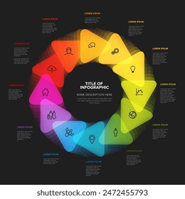 Simple dark infographic with twelve triangles with icons in one big cycle on black background and additional description items. Multipurpose full year infographic template