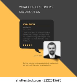 Simple dark minimalistic client user customer testimonial review card layout template with square photo placeholder and sample, message in rounded speech bubble yellow version