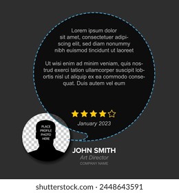 Simple dark minimalistic client user customer testimonial review card layout template with photo placeholder and sample, message in circle speech bubble