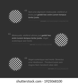 Simple dark minimalistic testimonial review section layout template with three testimonials, photo placeholders and quotes