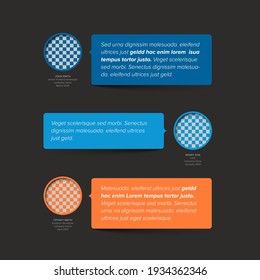 Simple dark minimalistic testimonial review section layout template with three testimonials, photo placeholders, quotes and colorfull blue and red speech bubbles with review text