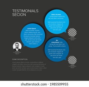 Simple dark minimalistic testimonial review section layout template with three blue testimonials, photo placeholders, quotes and big colorfull circle speech bubbles with review text