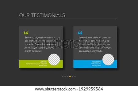 Simple dark minimalistic testimonial review section layout template with two testimonials, testimonial photo placeholders, quotes and blue green color accent