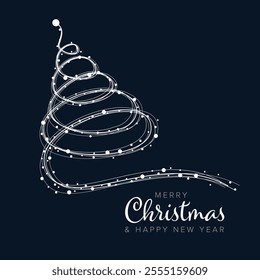 Simple dark modern Merry Christmas and Happy New Year card template with one stroke Christmas tree shape illustration on dark background