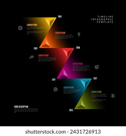 Plantilla de línea de tiempo de infografía diagonal simple oscura multipropósito con flechas de triángulo y seis hitos con iconos y descripciones. Plantilla de línea de tiempo moderna