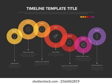 Simple dark multipurpose infographic layout template with seven yellow to red circles on the curved line with years and icons. Simple infographic timeline template.