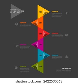 Simple plantilla de línea de tiempo de infografía vertical de múltiples propósitos oscuro con flechas triangulares y seis hitos con iconos y descripciones. Plantilla de línea de tiempo moderna