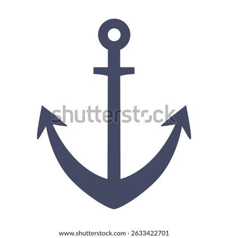Simple dark navy anchor icon, representing marine themes, sailing, nautical adventures and maritime stability. Vector illustration isolated on white, flat design