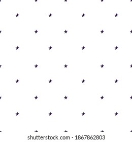 Simple dark purple repeated stars on a white background. Seamless vector pattern for wrapping, backgrounds, festive decoration. Flat design