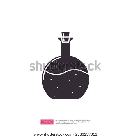 A simple, dark silhouette of a round glass bottle with a cork stopper, containing a liquid with bubbles, suggesting a potion or chemical substance.