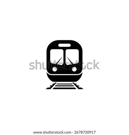 A simple, dark silhouette of a train's front, complete with windows and headlights, rests on parallel train tracks against a white background.