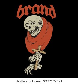 simple dark, skeleton holding a cross and praying, very suitable for dark merchandise purposes.