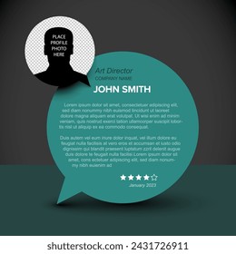 Simple dark and teal minimalistic client user customer testimonial review card layout template with photo placeholder and sample, message in teal circle speech bubble