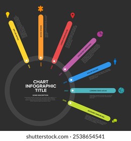 Plantilla de línea de tiempo oscura simple hecha de segmentos de línea gruesa de color arcoíris en un círculo grande. Plantilla de infografía multipropósito que muestra los principales hitos o etapas importantes en la trayectoria circular.