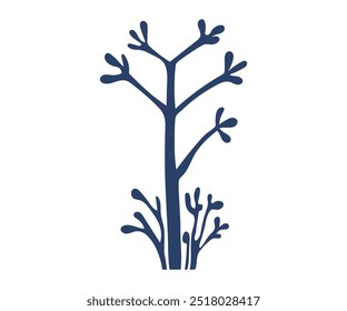 A simple dark-blue silhouette of an abstract tree with minimal branches set against a white background. Ideal for nature, minimalism, modern art, environmental themes, and graphic design. Clean lines