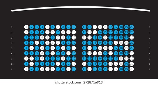 Sencillo Plan de asientos de temática oscura para cines con Vacantes disponibles y reservadas, ideal para reservas en línea. Vector que muestra la ubicación del asiento del mapa y la pantalla del teatro. Adecuado para reservas de entradas de cine.