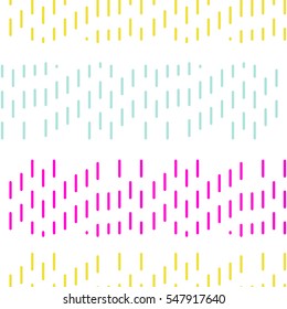 Simple dashed stitch embroidery vector seamless pattern. Fine neon lines on white background.