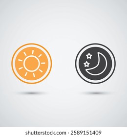 Simple day and night icon Sun on orange background Moon and stars in midnight illustration