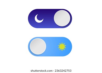 Simple Day and Night Toggle Switch isolated on white background. Crescent Moon on night sky. Yellow sun on blue sky. Light and Dark Mode interface switch UI. 