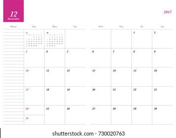 Simple December 2017 calendar. Week starts from Sunday.
