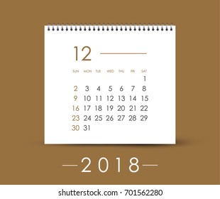 Simple December 2018 calendar. Week starts from Sunday.