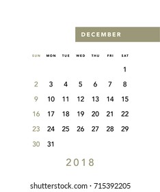 Simple December 2018 calendar. Week starts from Sunday.