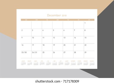 Simple December 2018 calendar. Week starts from Sunday.