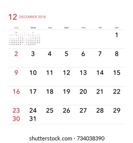 Simple December 2018 calendar. Week starts from Sunday.