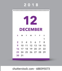 Simple December 2018 desk calendar. Week starts from Sunday.