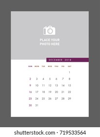 Simple December 2018 photo calendar. Week starts from Sunday.