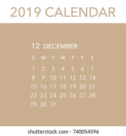 Simple December 2019 calendar. Week starts from Sunday.