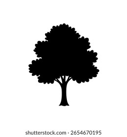 Árvore decídua simples com um dossel arredondado, como um ícone preto sólido. Um gráfico minimalista para parques, natureza, jardins ou temas de ecologia.