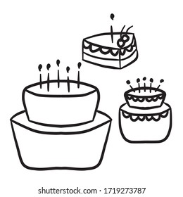 Simple decorated cake for celebrating wedding, happy birthday party, anniversary, thanksgiving day, christmas, valentine's. Confectionery, pastry, tasty gift, present. Doodle vector illustration